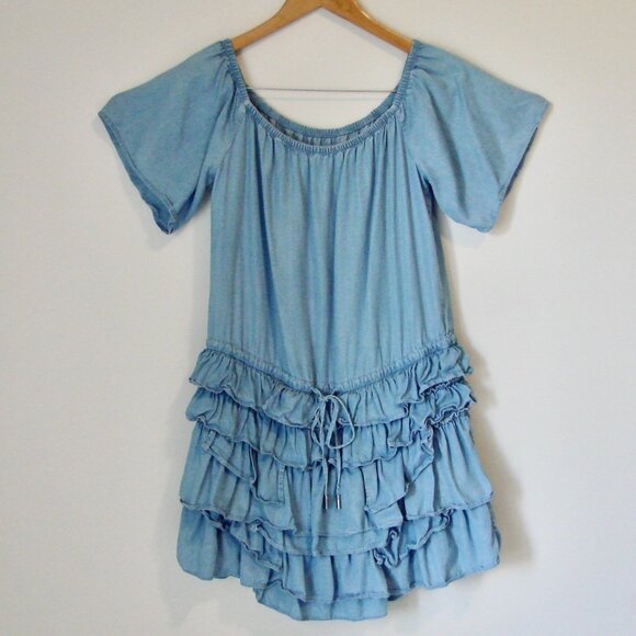 Miss Sixty Dress Y2K Blue Chambray Boho Peasant Ruffled Cowgirl XS Small - Picture 1 of 16